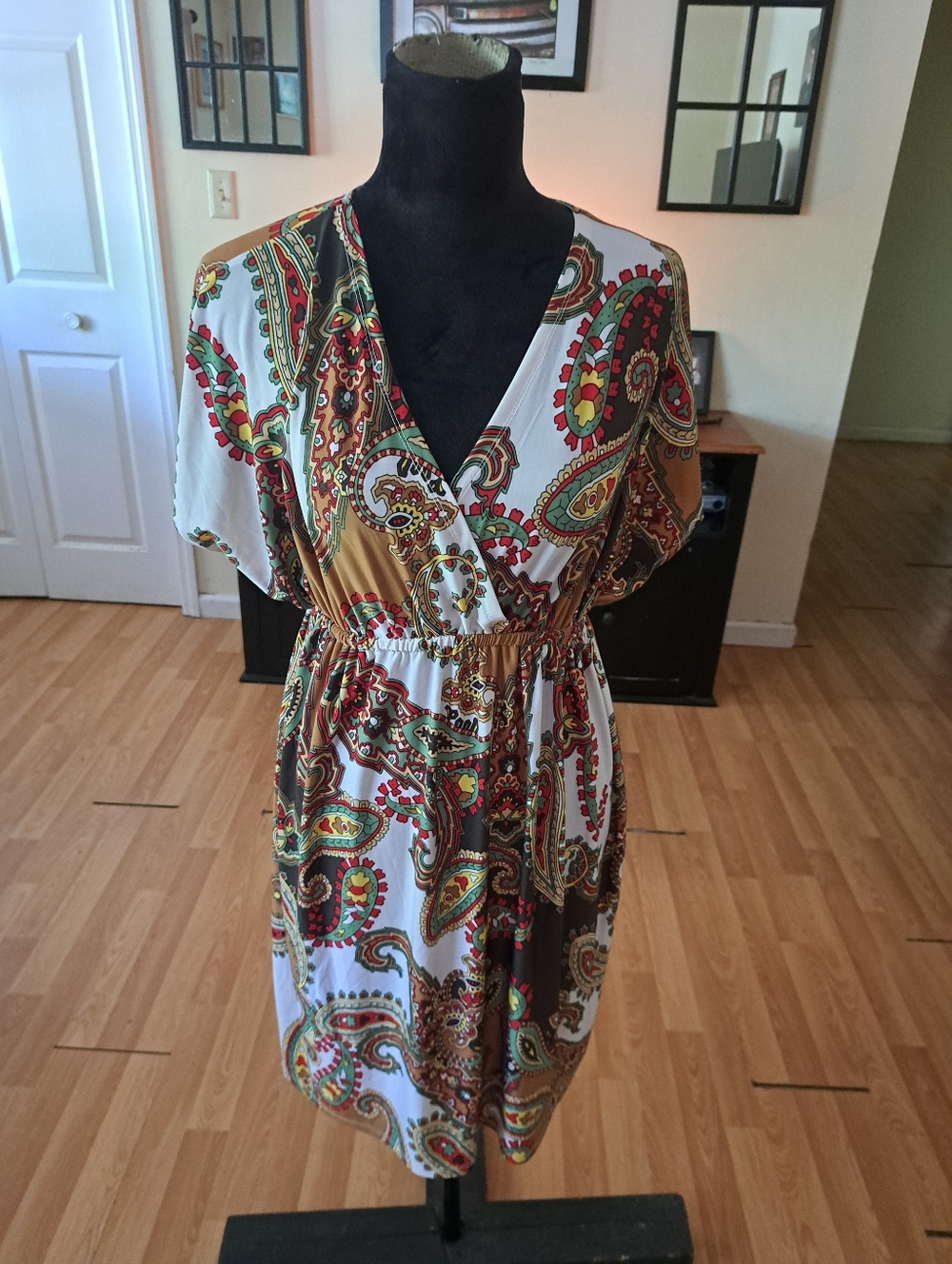 XL Cristina Love Boho Paisley V Neck Short Sleeve Elastic Waist Dress